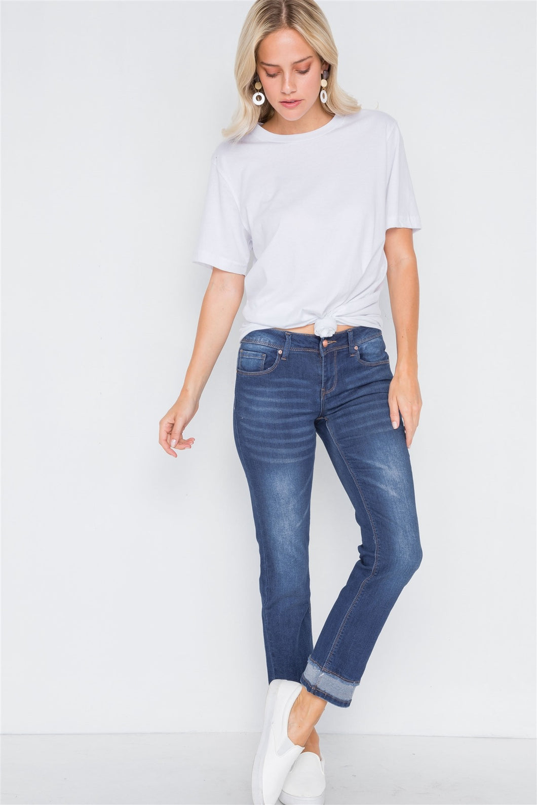 Dark Blue Mid-rise Contrast Hem Jeans Pants